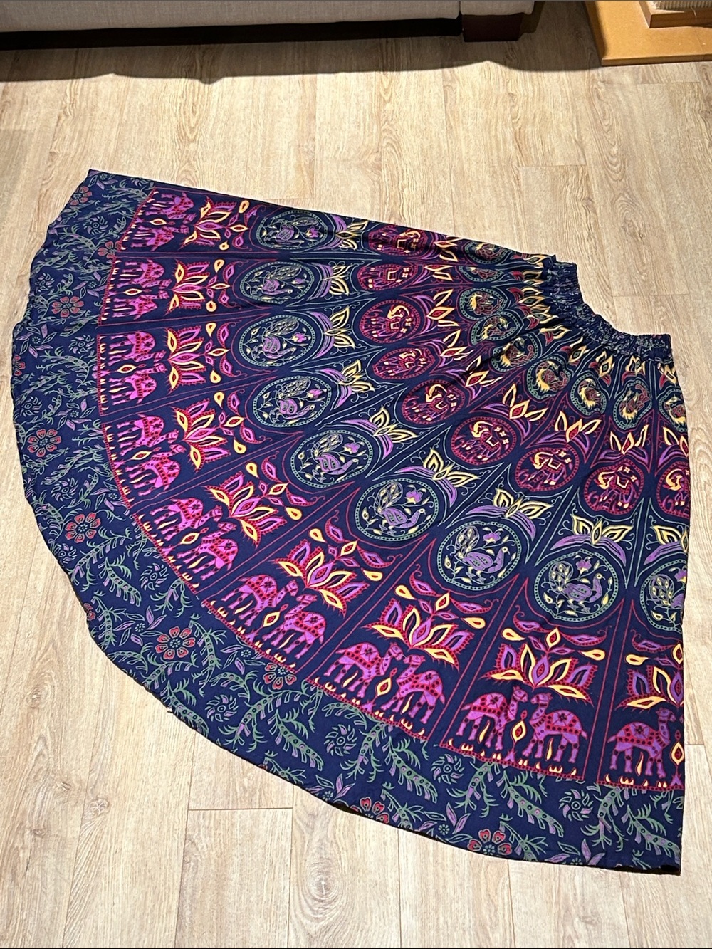 Boho Navy Maxi Skirt with Colorful Elephant Camel Peacock Medallions - Picture 4 of 11